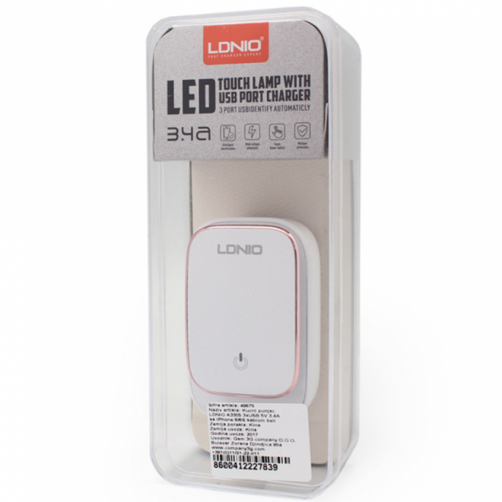 LDNIO 3PORT ADAPTOR W/LED TOUCH NIGHT LIGHT A3305 MICRO